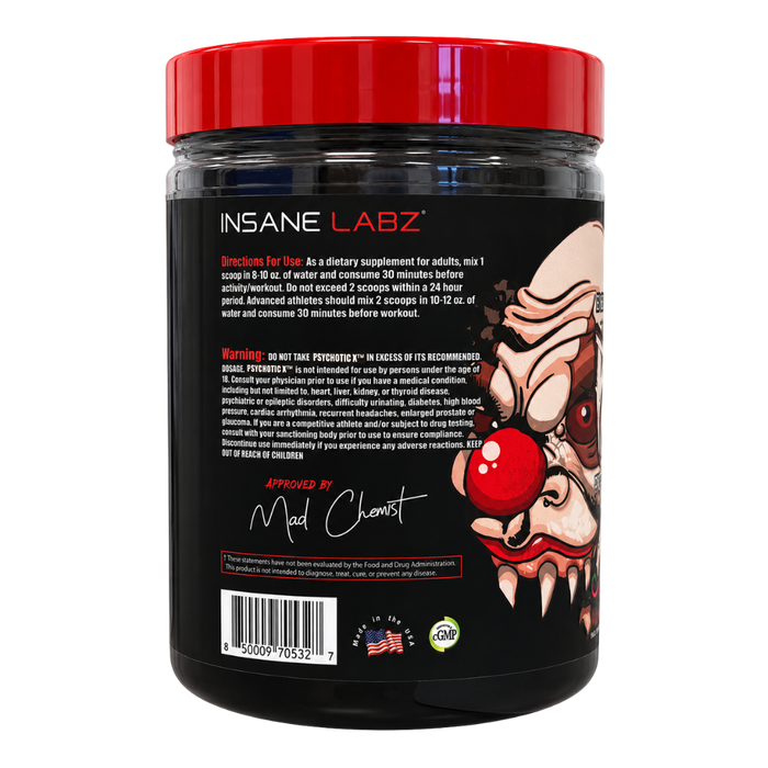 Insane Labz dietary supplement tub with a red lid and black label, featuring a clown illustration and product directions on the back, photographed on a white background.