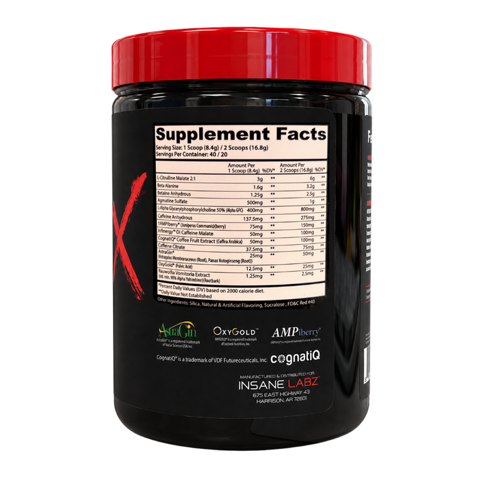 A black plastic tub of INSANE LABZ protein powder with a bright red lid, showing the Supplement Facts label on a clean white background.