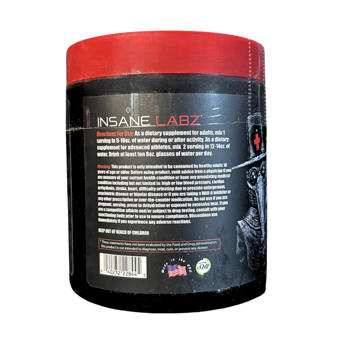 Back view of a supplement container with 'Insane Labz' branding on a white background