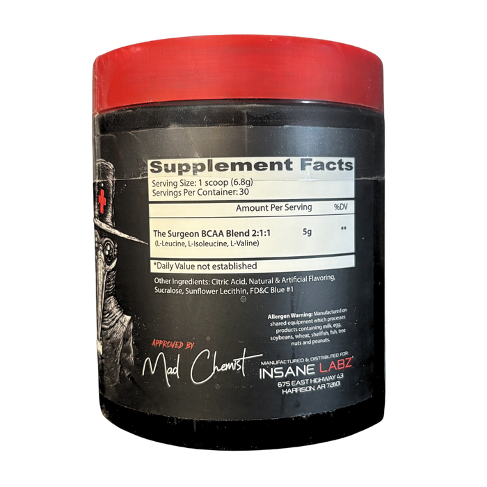 Supplement container with red lid and black label displaying supplement facts.