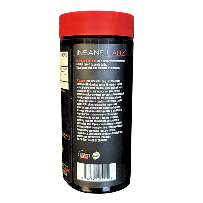 Back view of a supplement container with 'Insane Labz' branding on a white background