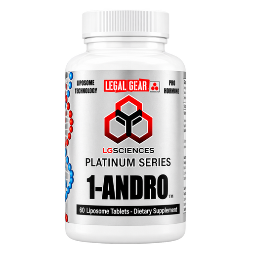 A supplement bottle for 'LG Sciences 1-Andro' on a white background