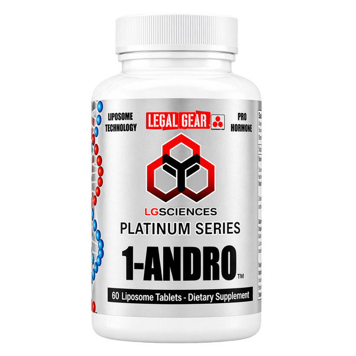 A supplement bottle for 'LG Sciences 1-Andro' on a white background