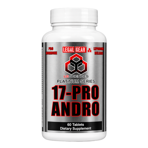 Supplement bottle labeled '17-Pro Andro' by Legal Gear on a white background