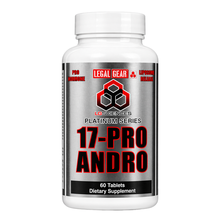 Supplement bottle labeled '17-Pro Andro' by Legal Gear on a white background