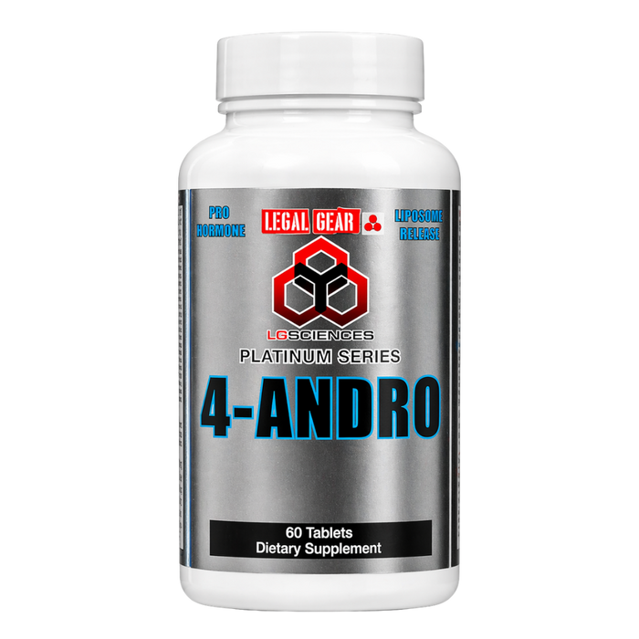 Supplement bottle labeled '4-Andro' with branding on a white background