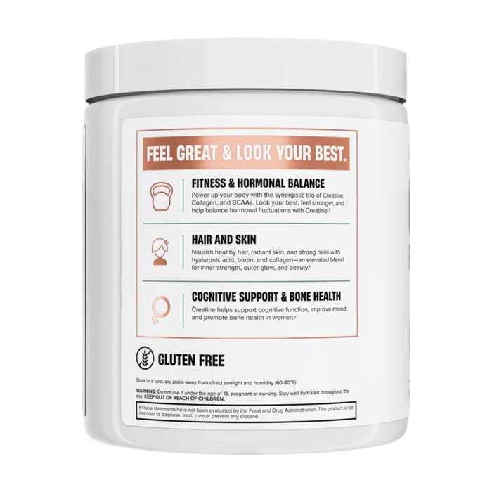 Nutrex creatine for women supplement container in the peach mango flavor with text on a white background