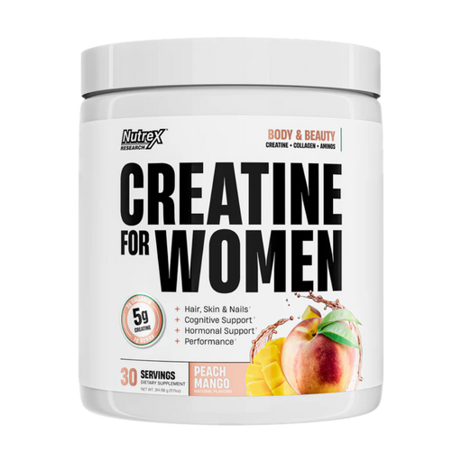 Nutrex Creatine for Women supplement container in the peach mango flavor on a white background