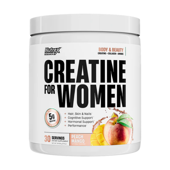 Nutrex Creatine for Women supplement container in the peach mango flavor on a white background