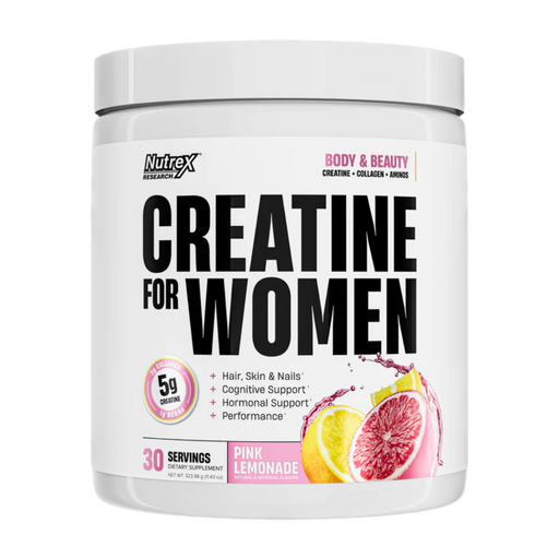 Nutrex Creatine for Women supplement container in the pink lemonade flavor on a white background