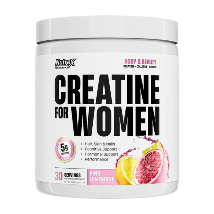 Nutrex Creatine for Women supplement container in the pink lemonade flavor on a white background