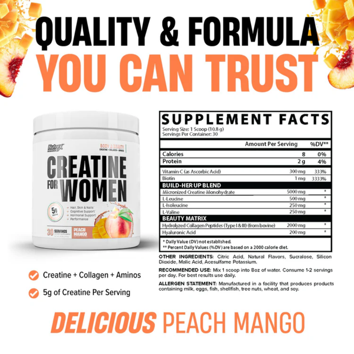 Supplement container for creatine for women in the peach mango flavor, featuring supplement facts and flavor description.