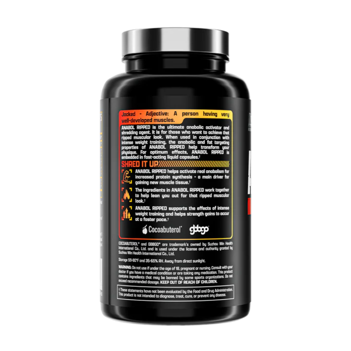 Black supplement bottle with red and yellow text on a white background