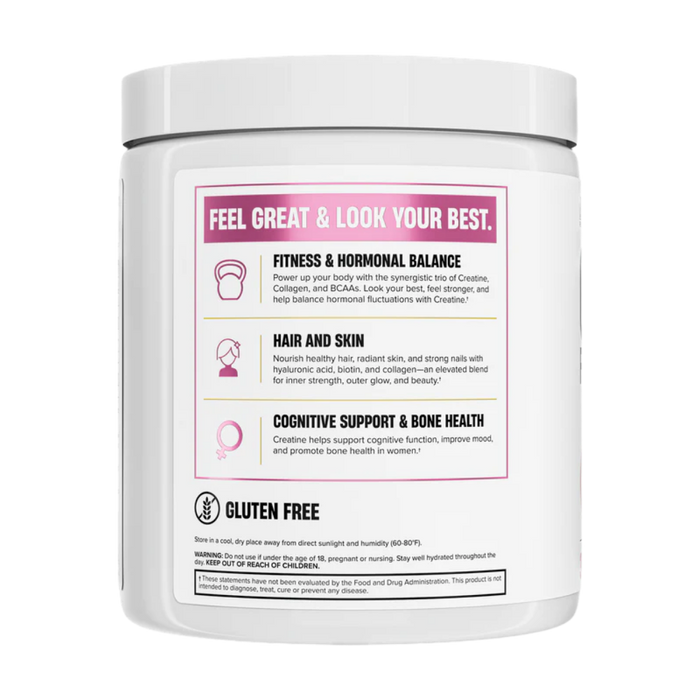 Nutrex creatine for women supplement container in the pink lemonade flavor with label on a white background