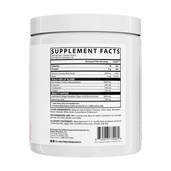 Nutrex creatine for women supplement container in the pink lemonade flavor with a label displaying 'Supplement Facts' on a white background