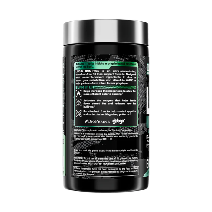 Black supplement container with green label on a white background