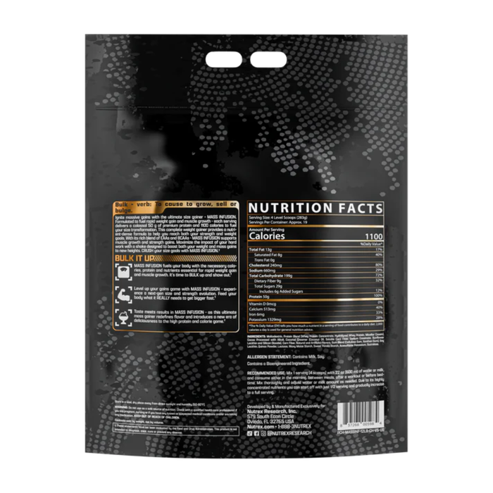 Nutrex Mass Infusion Advanced Mass Gainer 12lbs Chocolate Flavor Info and Nutrition Facts