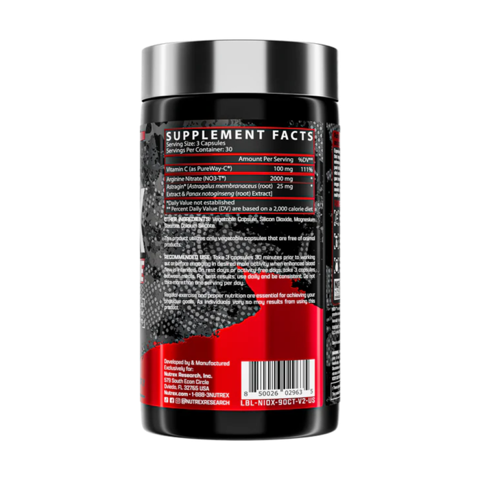 Supplement container with a focus on the back label showing supplement facts.