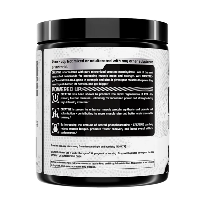 Nutrex Research Creatine Monohydrate 60 Servings product information on the back of the tub on a white background.