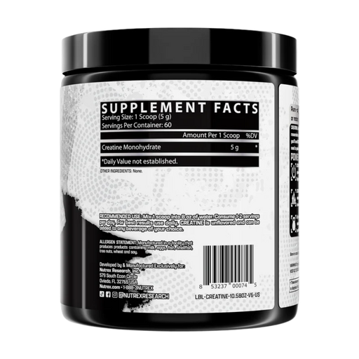 Nutrex Research Creatine Monohydrate 60 Servings supplement facts on the side of the tub on a white background.