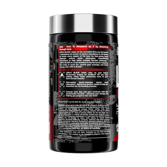 Black supplement container with red label on a white background