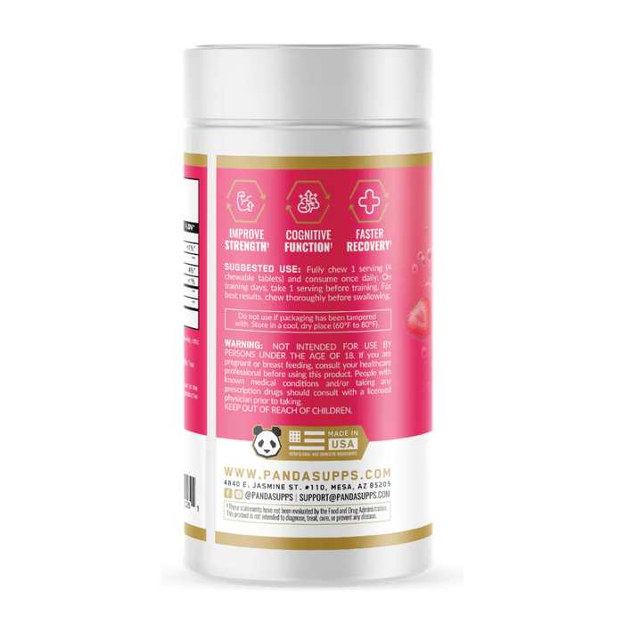 Supplement container with pink label on a white background