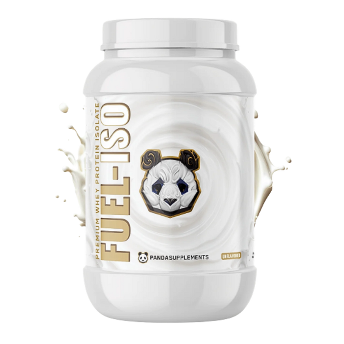 A white plastic tub of Pandas Supplements Fuel-ISO Premium Whey Protein Isolate on a white background with stylized cream-colored liquid splashes on both sides.