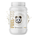 A white plastic tub of Pandas Supplements Fuel-ISO Premium Whey Protein Isolate on a white background with stylized cream-colored liquid splashes on both sides.