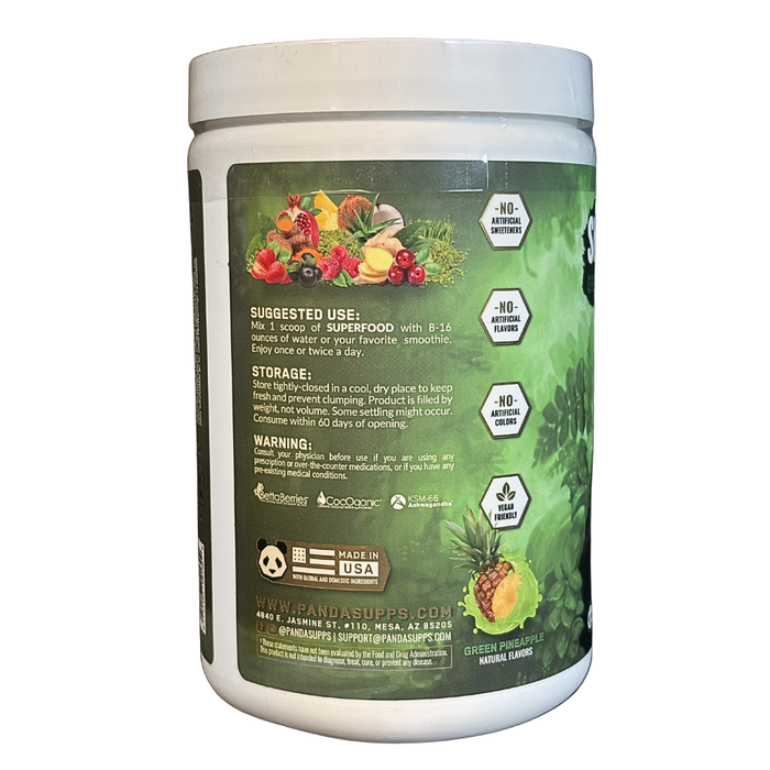 Supplement container with green label and white lid on a white background