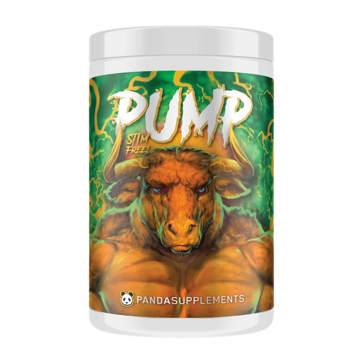 A white plastic supplement tub with a white screw cap, featuring a vibrant green and orange label with a muscular bull illustration and the text 'PUMP STIM FUEL' and 'PANDASUPPLEMENTS'.