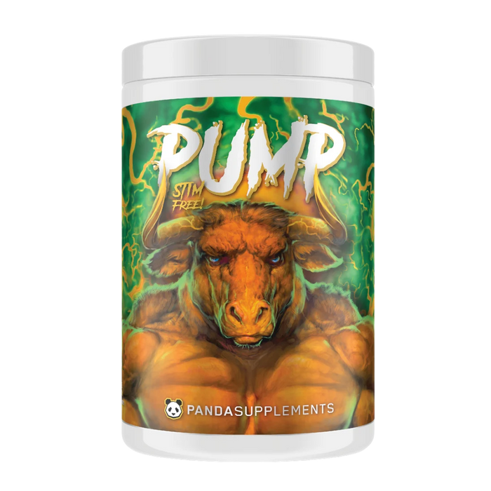 A white plastic supplement tub with a white screw cap, featuring a vibrant green and orange label with a muscular bull illustration and the text 'PUMP STIM FUEL' and 'PANDASUPPLEMENTS'.