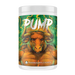 A white plastic supplement tub with a white screw cap, featuring a vibrant green and orange label with a muscular bull illustration and the text 'PUMP STIM FUEL' and 'PANDASUPPLEMENTS'.