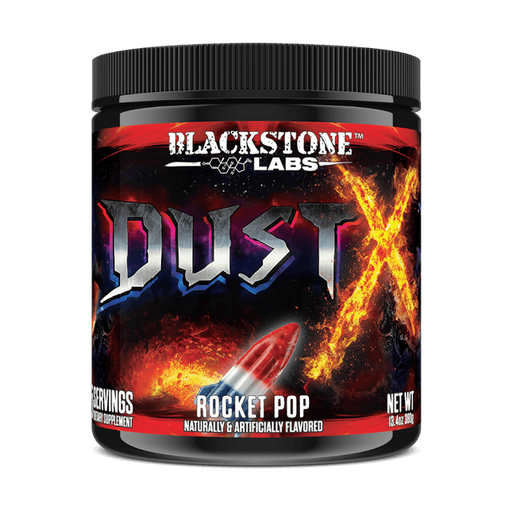Blackstone Labs DUST X supplement container with 'Rocket Pop' flavor on a white background