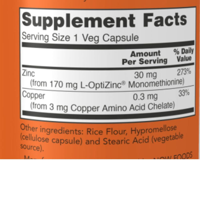 Now Foods Vitamins, Minerals, Herbs & More Now Foods L-Optizinc 30 Mg + Copper 100 Capsules