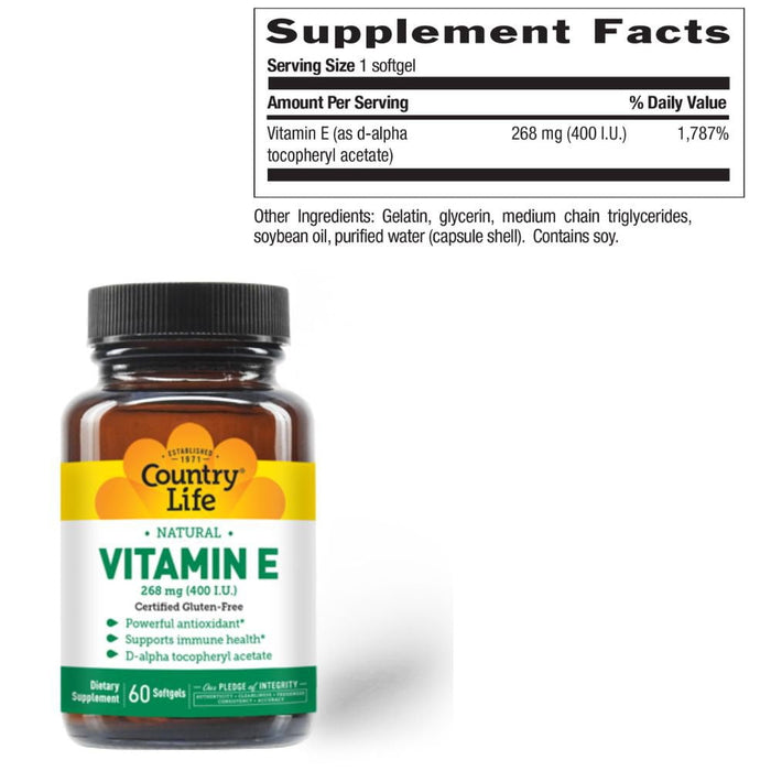 Country Life Vitamins & Minerals Country Life Natural Vitamin E-Complex 400IU 60 Softgels