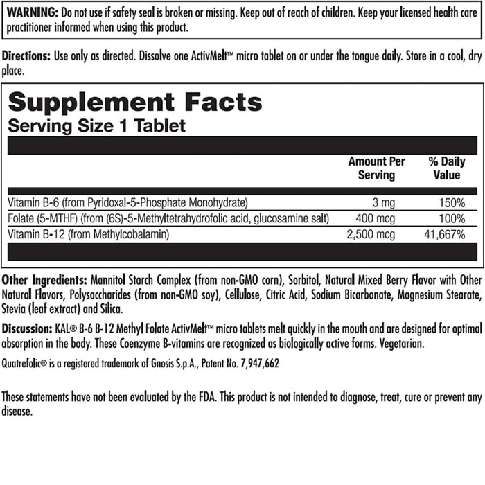 Kal Vitamins & Minerals KAL B6 B12 Methyl Folate Mixed Berry 60 Micro Tablets